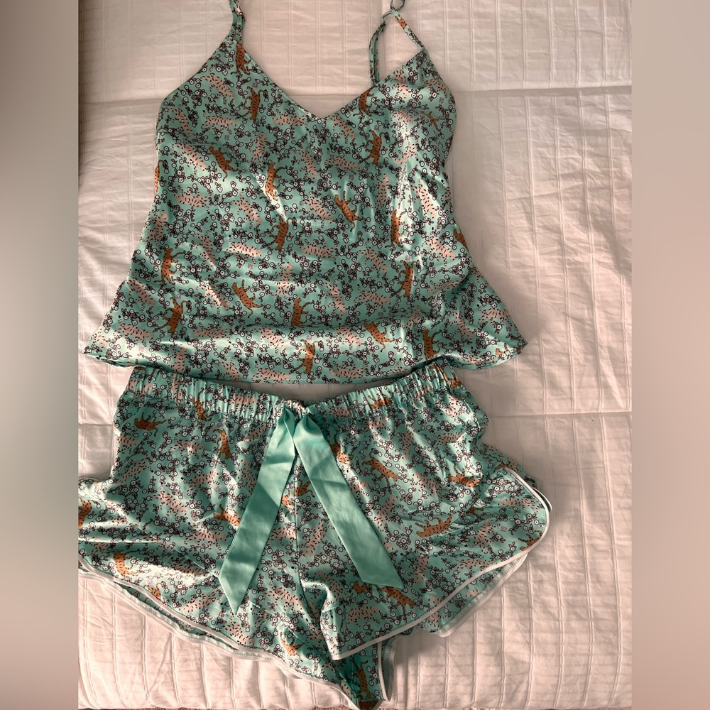 Victoria’s Secret turquoise silk pajama set, animal print size small